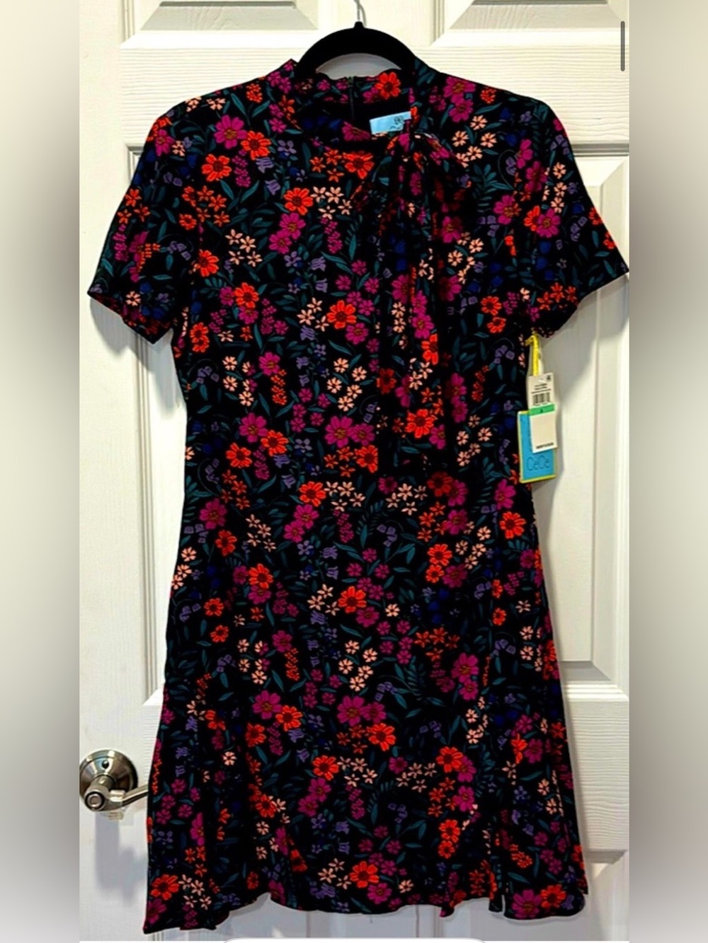 CeCe Black Mini Dress with Red, Pink, Purple & Green Floral Print